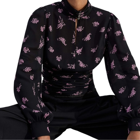 NWOT Me+Em Pleated Floral-Print Silk Top - Picture 6 of 7